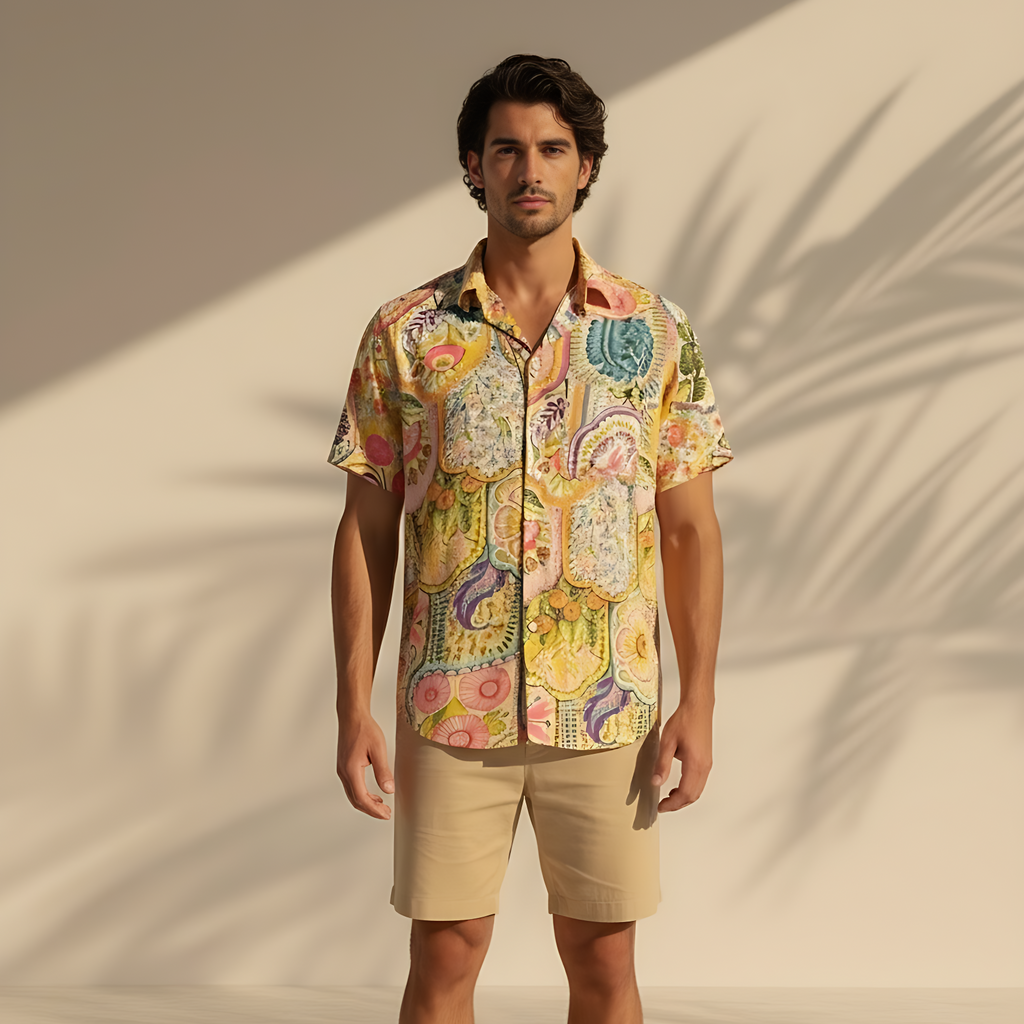 Yellow Flower Print Men Shirt