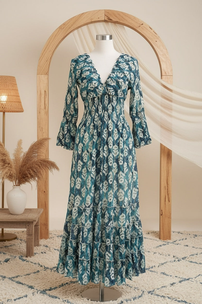 Ocean Leaf Smocked Ruffle Maxi Dress