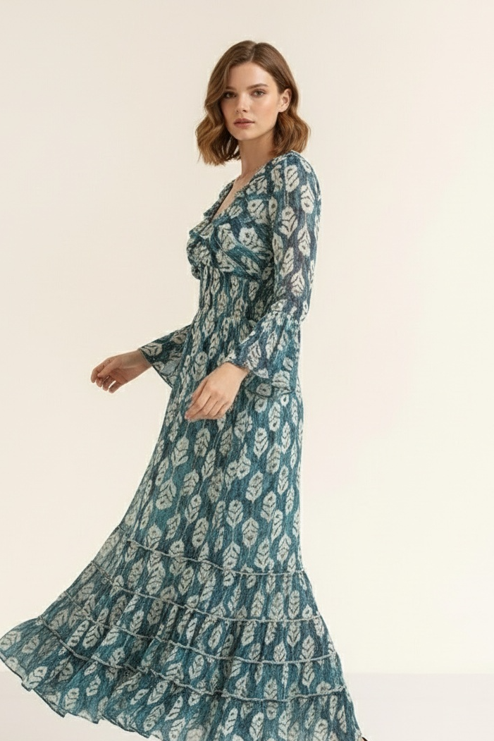Ocean Leaf Smocked Ruffle Maxi Dress