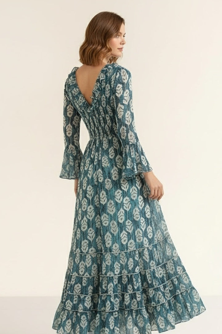 Ocean Leaf Smocked Ruffle Maxi Dress