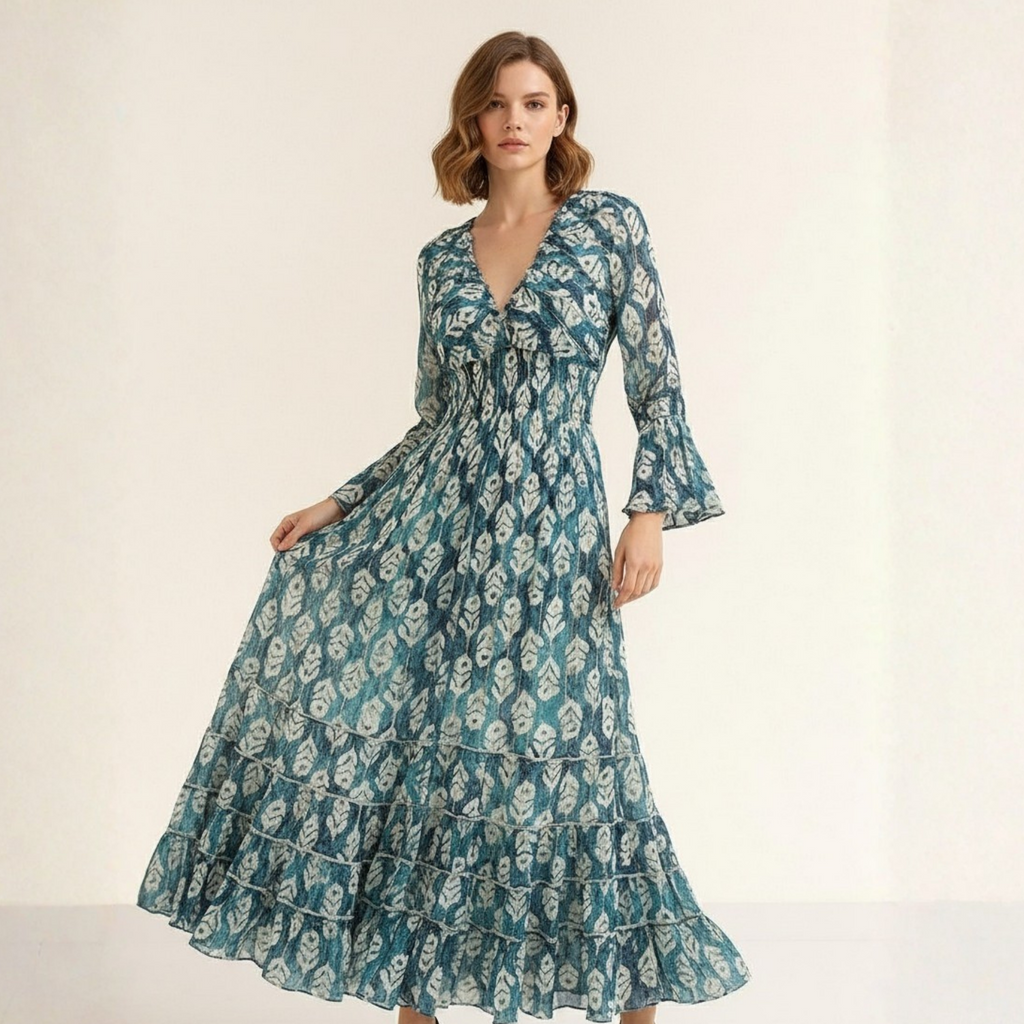 Ocean Leaf Smocked Ruffle Maxi Dress
